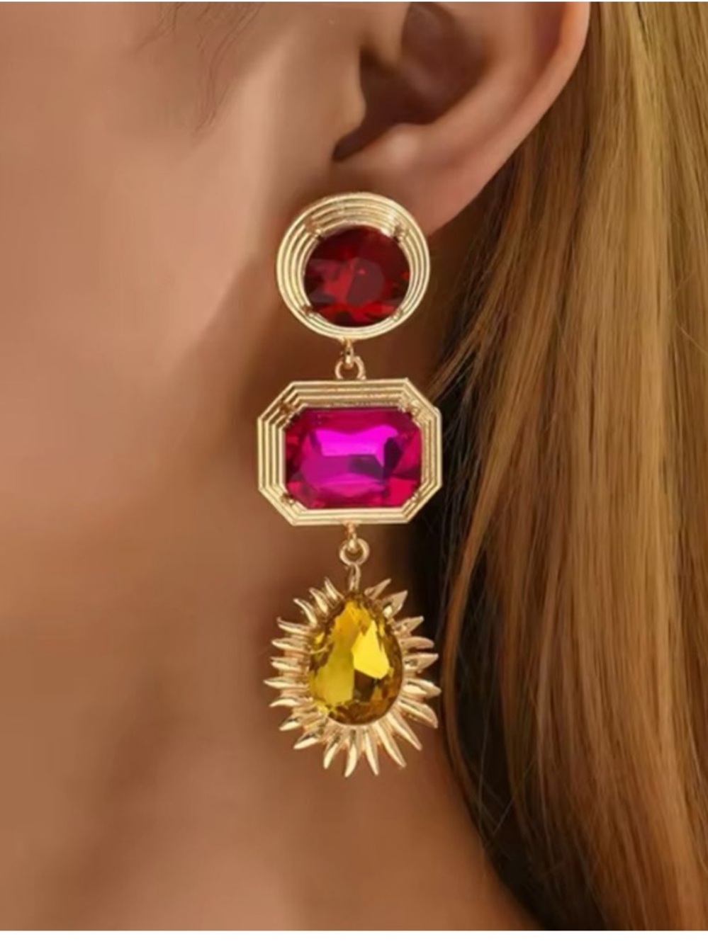 Gold Drop Earrings with Red, Fuchsia and Yellow Stones